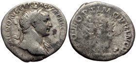 Trajan (98-117) AR Denarius (Silver, 3.00g, 20mm) Rome, 113-114
Obv: IMP TRAIANO AVG GER DAC P M TR P COS VI P P, Laureate bust r., with drapery on l....