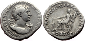 Trajan (98-117) AR Denarius (Silver, 3.21g, 18mm) Rome, 114-117. 
Obv: IMP CAES NER TRAIAN OPTIM AVG GERM DAC, heroic bust right: laureate and bare-ch...