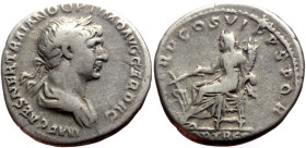 Trajan (98-117) AR Denarius (Silver, 3.12g, 18mm) Rome, 114. 
Obv: IMP CAES NER TRAIANO OPTIMO AVG GER DAC, laureate and draped bust to right 
Rev: P ...