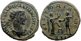 Diocletian (284-305) AE Antoninianus (Bronze, 3.40g, 21mm) Cyzicus, 286-293. 
Obv: IMP C C VAL DIOCLETIANVS AVG, radiate, draped, and cuirassed bust r...