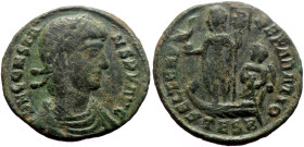 Constans (337-350) AE Follis (Bronze, 18mm, 1.91g) Thessalonica, 348-350. 
Obv: D N CONSTANS P F AVG, pearl-diademed and draped bust right 
Rev: FEL T...