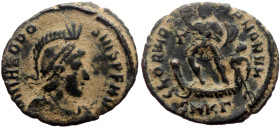*2 specimens recorded by acsearch*
Theodosius I (379-395) AE (Bronze, 4.48g, 24mm) Cyzicus, 379-383. 
Obv: D N THEODOSIVS P F AVG, pearl-diademed, hel...