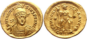 Theodosius II (402-450) AR Solidus (Gold, 4.40g, 21mm) Constantinopolis, 408-420.
Obv: D N THEODO-SIVS P F AVG, Helmeted, pearl-diademed and cuirassed...