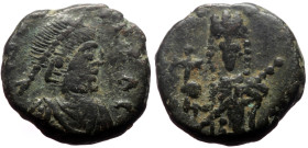 Leo I (457-474) AE Nummus (Bronze, 1.08g, 10mm) Rome. 
Obv: DN LEO, diademed bust of Leo I right. 
Rev: Verina standing facing, holding globe cruciger...