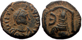Justin I (518-527) AE pentanummium (Bronze, 1.80g, 13mm) Antioch, 522-527. 
Obv: D N IVSTINVS P P AVG, pearl-diademed, draped and cuirassed bust of Ju...