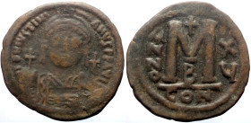 Justinian I (527-565) AE Follis (Bronze, 18.18g, 37mm) Constantinople, Dated RY 15 (541/2). 
Obv: Diademed, helmeted, and cuirassed facing bust, holdi...