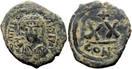 Tiberius II Constantine (578-582) AE Half Follis (Bronze, 5.96g, 25mm) Constantinople, 578/9 
Obv: DM TIb CONSTANT PP AVG, diademed, helmeted, and cui...