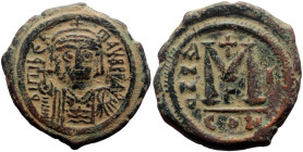 Maurice Tiberius (582-602). AE follis (Bronze, 12.90g, 31mm) Constantinople, Regnal Year 1 (582/3). 
Obv: o N TIbЄRI m-AVRC P P AVG, cuirassed bust of...