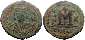 Maurice Tiberius (582-602) AE Follis (Bronze, 11.69g, 30mm) Antioch, Dated RY 10 = 591/592. 
Obv: DN MAVΓI CN P AUT, crowned bust facing, wearing cons...