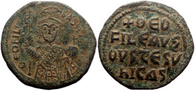 Theophilus (829-842) AE Follis (Bronze, 7.84g, 28mm) Constantinople, 830/1-842.
Obv: ΘЄOFIL bASIL’, three-quarter length crowned facing bust, wearing ...