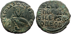 Leo VI the Wise (886-912) AE Follis (Bronze, 5.26g, 25mm) Constantinople. 
Obv: + LEOh BAS-ILEVS ROm', Crowned bust of Leo VI facing, wearing chlamys ...