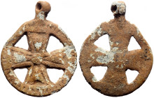 Lead pendant (4.02g, 28mm)Cross in circle. Byzantine or Crusader period.