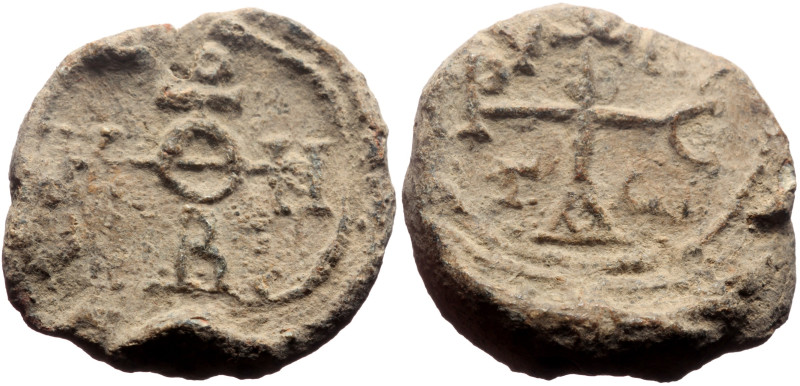 Byzantine Lead Seal (16.02g, 27mm).
Obv: Cruciform invocative monogram (type I)...