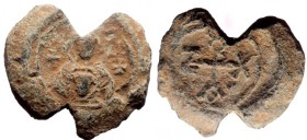 Byzantine Lead Seal (10.78g, 24mm) Zacharias (sixth/seventh century).
Obv: Bust of the Virgin holding Christ before her. Crosses on either side. Line...