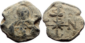 Byzantine Lead Seal (5.81g, 29mm) Christophoros notarios
Obv: Bust of the Virgin, facing, nimbate, wearing chiton and maphorion. Before her, the infa...