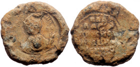 Byzantine Lead Seal (9.88g, 21mm)
Basil protospatharios … (11th century).
Obv: Bust of the Mother of God orans, the medallion of Christ before her. ...