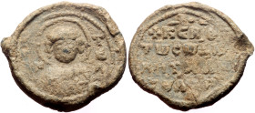 Byzantine Pb seal (Pb, 8.66g, 22mm) Constantine (eleventh/twelfth century)
Obv: Bust of St Panteleimon. Sigla preserved at right : Τ|Ε|Λ : [ὁ ἅ(γιος) ...