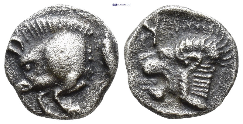 MYSIA, Kyzikos. Circa 450-400 BC. AR Obol (9mm, 0.68 g). Forepart of boar left; ...