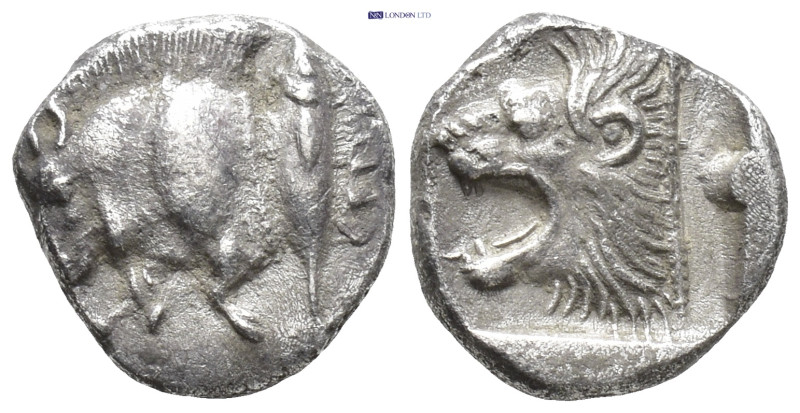 MYSIA. Kyzikos. (Circa 450-400 BC). AR Diobol. (10mm, 1.19 g) Obv: Forepart of b...