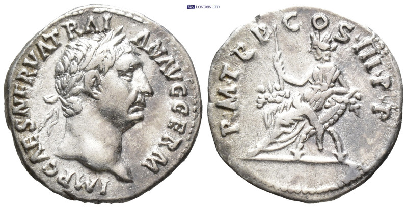 Trajan (98-117 AD), AR Denarius. (3 Gr. 18mm.)
Laureate bust right, slight drape...