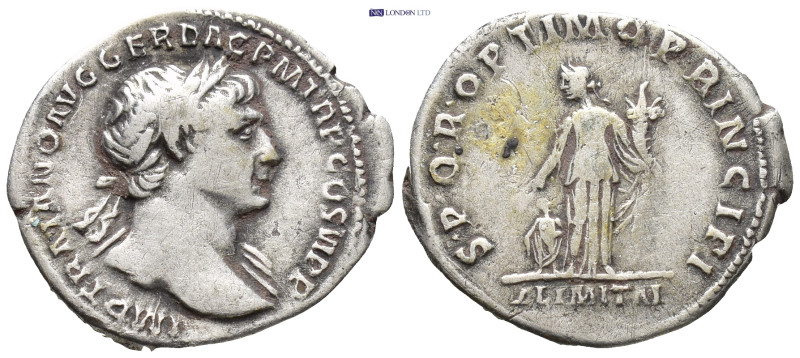 Trajan, 98-117 AD. AR Denarius (18mm, 2.97 g.). Rome, 112-113 AD. IMP TRAIANO AV...