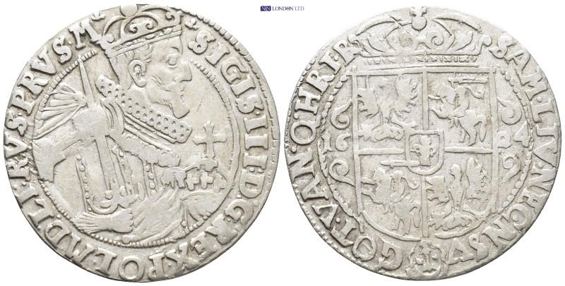 Poland. Sigismund III. A.D. 1587-1632. AR orte (6.9 Gr. 29mm.) 1624
 Crowned bus...