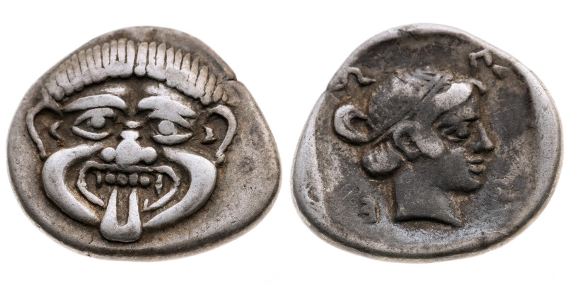 Makedonien
Neapolis
Hemidrachme
um 375-350 v.Chr.

Vs: Gorgoneion.
Rs: Nym...