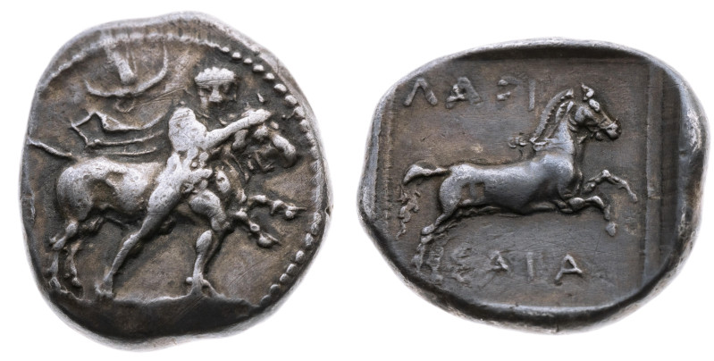Thessalien 
Larissa
Didrachme
um 420-400 v.Chr.

Vs: Thessalos mit Petasos ...
