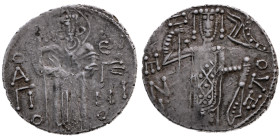 Trapezunt 
Manuel I. Komnenos, 1238-1263
Aspron

Trapezunt

Vs: Hl. Eugenius stehend von vorn mit Langkreuz
Rs: Kaiser stehend von vorn mit Sta...