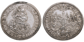 Augsburg 
Stadt
Taler
1640

Vs: Drapiertes Brustbild des Kaisers Ferdinand III. im Harnisch n. r. mit Lorbeerkranz, Umschrift
Rs: Stadtansicht, ...