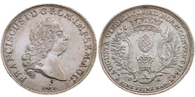 Augsburg 
Stadt
Taler
1765

Vs: Brustbild des Kaisers Franz I. n. r. mit Lorbeerkranz, Umschrift
Rs: Gekröntes Wappen zwischen Lorbeer- und Palm...