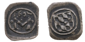 Bayern 
Herzogtum. Maximilian I., 1598-1623/51
Pfennig
1607
München

Vs: "M" zwischen Ringeln in Fadenkreis
Rs: Wappenschild in Fadenkreis

M...