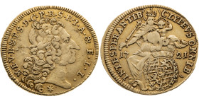 Bayern 
Kurfürstentum. Maximilian II. Emanuel, 1679-1726
1/2 Max d'or
1721
München

Vs: Kopf n. r., Umschrift
Rs: Patrona Bavaria, davor gekrön...