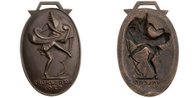 München 
Stadt
Tragbares ovales einseitiges hohlgegossenes Bronze-Abzeichen
1929

der Künstlergruppe 'Die Gaukler' (gegr. 1904) auf den 'Gauklert...