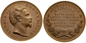Nürnberg 
Stadt
Bronze-Anerkennungsmedaille
1882

anlässlich der 1. Bayerischen Landes-Industrie-, Gewerbe- und Kunst-Ausstellung
Vs: Kopf des K...