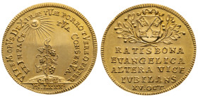 Regensburg 
Stadt
Gold-Medaille
1742

auf die 200j. Einführung der Reformation in Regensburg
Vs: Von der Sonne beschienener Weinstock, zweizeili...