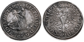 Habsburg 
Leopold V., Erzherzog, 1619-1632
Doppeltaler
1626
Hall

Vs: Gekröntes Hüftbild im Harnisch n. r. mit Zepter, Umschrift
Rs: Adler, dar...