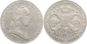 Habsburg 
Joseph II., 1765-1790
Kronentaler
1787
Brüssel

(für die Österreichische Niederlande)
Vs: Brustbild n. r. mit Lorbeerkranz, Umschrift...