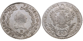 Österreich 
Kaiserreich. Franz II. (I.), 1804-1835
20 Kreuzer
1805
E Karlsburg

Vs: Brb. n. r.
Rs: Gekrönter Doppeladler

Material: Silber 58...