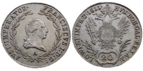 Österreich 
Kaiserreich. Franz II. (I.), 1804-1835
20 Kreuzer
1811
A Wien

Vs: Brb. n. r.
Rs: Gekrönter Doppeladler über Wertangabe

Material...
