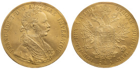 Österreich 
Kaiserreich. Franz Joseph, 1848-1916
4 Dukaten
1909
Wien

Vs: Brustbild n. r. mit Lorbeerkranz, Umschrift
Rs: Gekrönter Doppeladler...