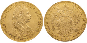 Österreich 
Kaiserreich. Franz Joseph, 1848-1916
4 Dukaten
1910
Wien

Vs: Brustbild n. r. mit Lorbeerkranz, Umschrift
Rs: Gekrönter Doppeladler...