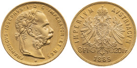 Österreich 
Kaiserreich. Franz Joseph, 1848-1916
8 Gulden
1889
Wien

Vs: Kopf n. r., Umschrift
Rs: Gekrönter Doppeladler

Material: Gold 900...
