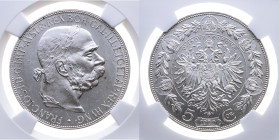 Österreich 
Kaiserreich. Franz Joseph, 1848-1916
5 Kronen
1900

Vs: Kopf n. r.
Rs: Gekrönter Doppeladler im Kranz

Material: Silber 

Größe:...