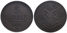 Österreich 
Kaiserreich. Franz Joseph, 1848-1916
3 Kreuzer
1851
A Wien

Vs: Wertangabe über Jahr
Rs: Gekr. Doppeladler, Umschrift

Material: ...