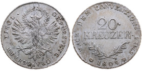 Österreich 
Tirol
Grafschaft
20 Kreuzer
1809

Aufstand unter Andreas Hofer
Vs: Adler, Umschrift
Rs: Zwei Zeilen Wert, gekreuzte Zweige, Umschr...