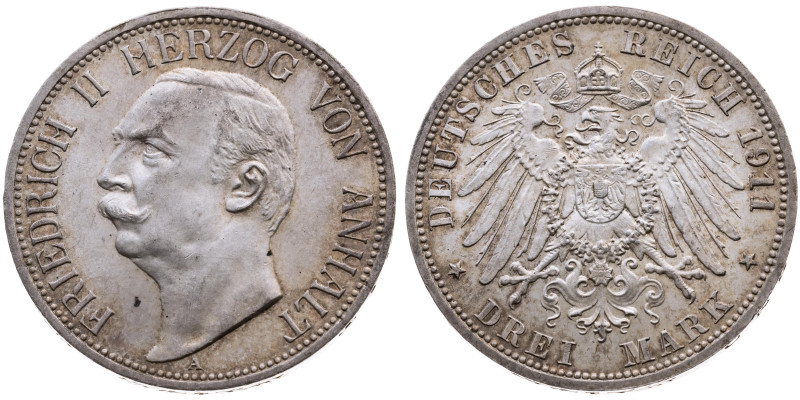 Anhalt 
Herzogtum. Friedrich II., 1904-1918
3 Mark
1911
Berlin Mzz. A

Vs:...