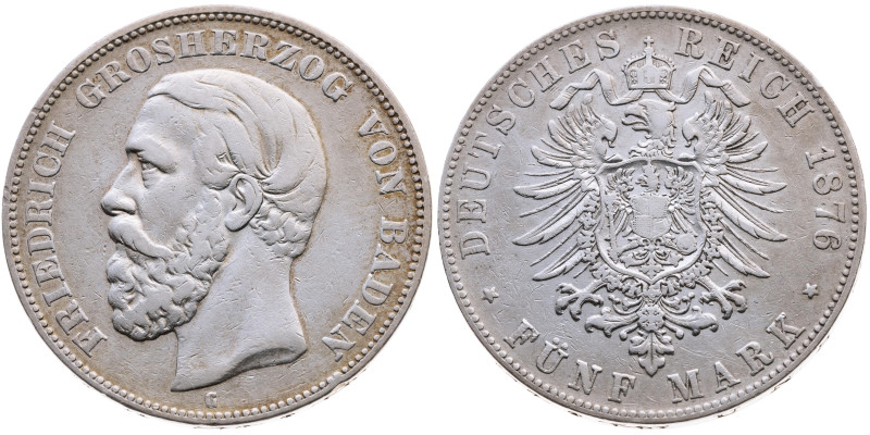 Baden 
Großherzogtum. Friedrich I., 1856-1907
5 Mark
1876
Karlsruhe Mzz. G
...