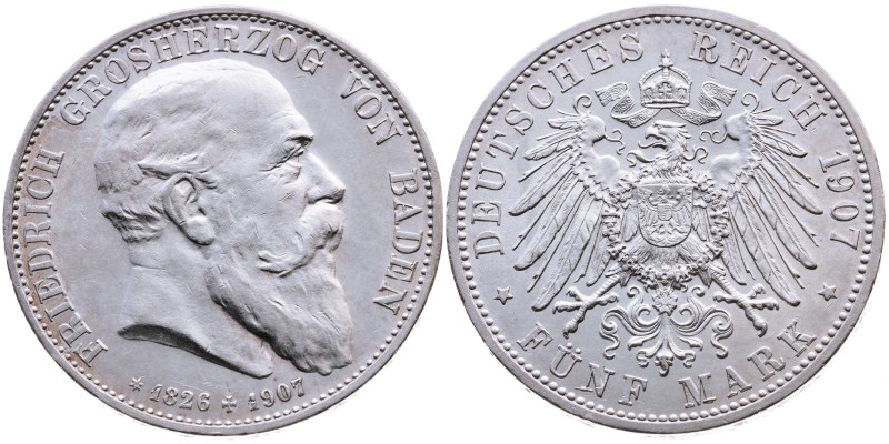 Baden 
Großherzogtum. Friedrich I., 1856-1907
5 Mark
1907
Karlsruhe Mzz. G
...