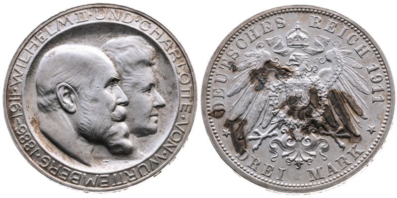 Württemberg 
Königreich. Wilhelm II., 1891-1918
3 Mark
1911

Silberne Hochz...